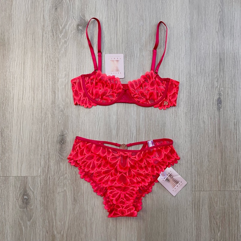 Lace Balconette Bra & Bikini Set in Bright Pink